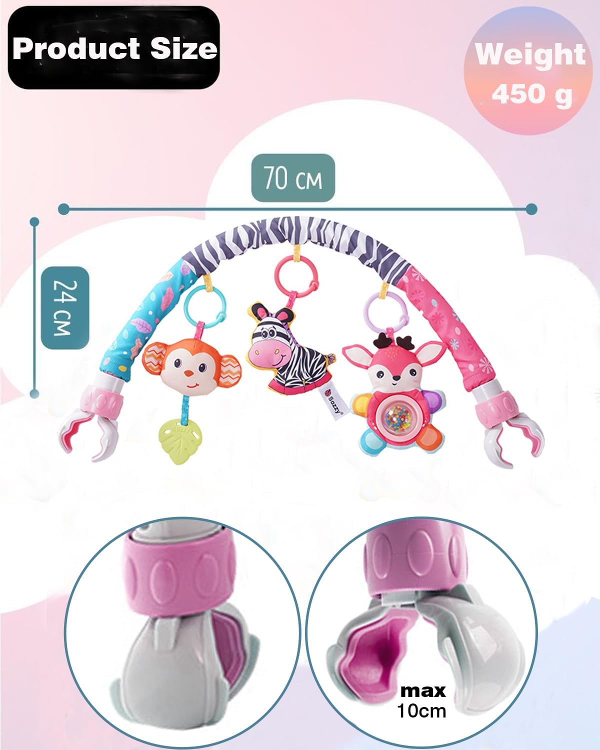 Pau1Hami1ton Baby Stroller Arch Toys, Car Seat Toys,Bouncer Toy Bar/Mobile for Bassinet,Adjustable Baby Hanging Toys Fit for Crib Bed,Stroller,Car Seat.S-19(Pink Zebra)