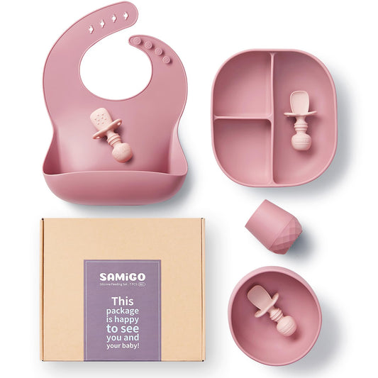 SAMiGO Silicone Baby Feeding Set, Baby Led Weaning Supplies, Suction Bowl Plate Bib Cup Self Feeding Spoons, Solid Food Eating Essentials, First Stage Utensils, 6+ Months