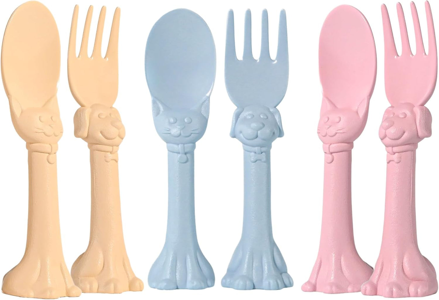Made in USA Spoon la la Toddler Utensils Set - 6 Pack (3 Spoons & 3 Forks for Kids) - Self-Standing 3D Ergonomic Cat & Dog Handles - BPA-free, Dishwasher Safe, Baby Silverware (Pink, Blue, Yellow)