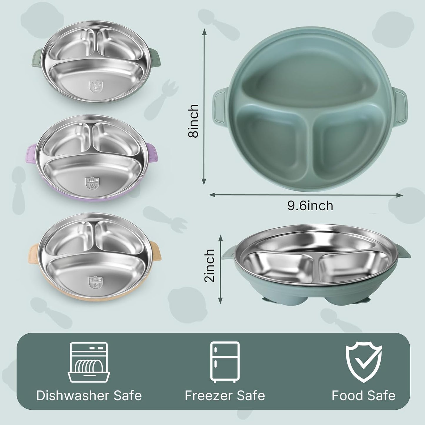 Stainless Steel Toddler Plates with Suction | Non-Slip Divided Baby Plates BPA Free & Non Toxic | Detachable Silicone Base| Dishwasher Safe | Unbreakable Kids Dinnerware 3-Pack