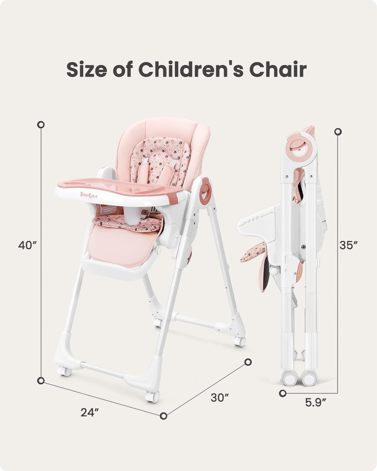Foldable High Chair with Soft Cushion, High Chairs for Babies and Toddlers, Height Adjustable Feeding Chair, Adjustable Backrest and Footrest, Lockable Wheels, Star Pink