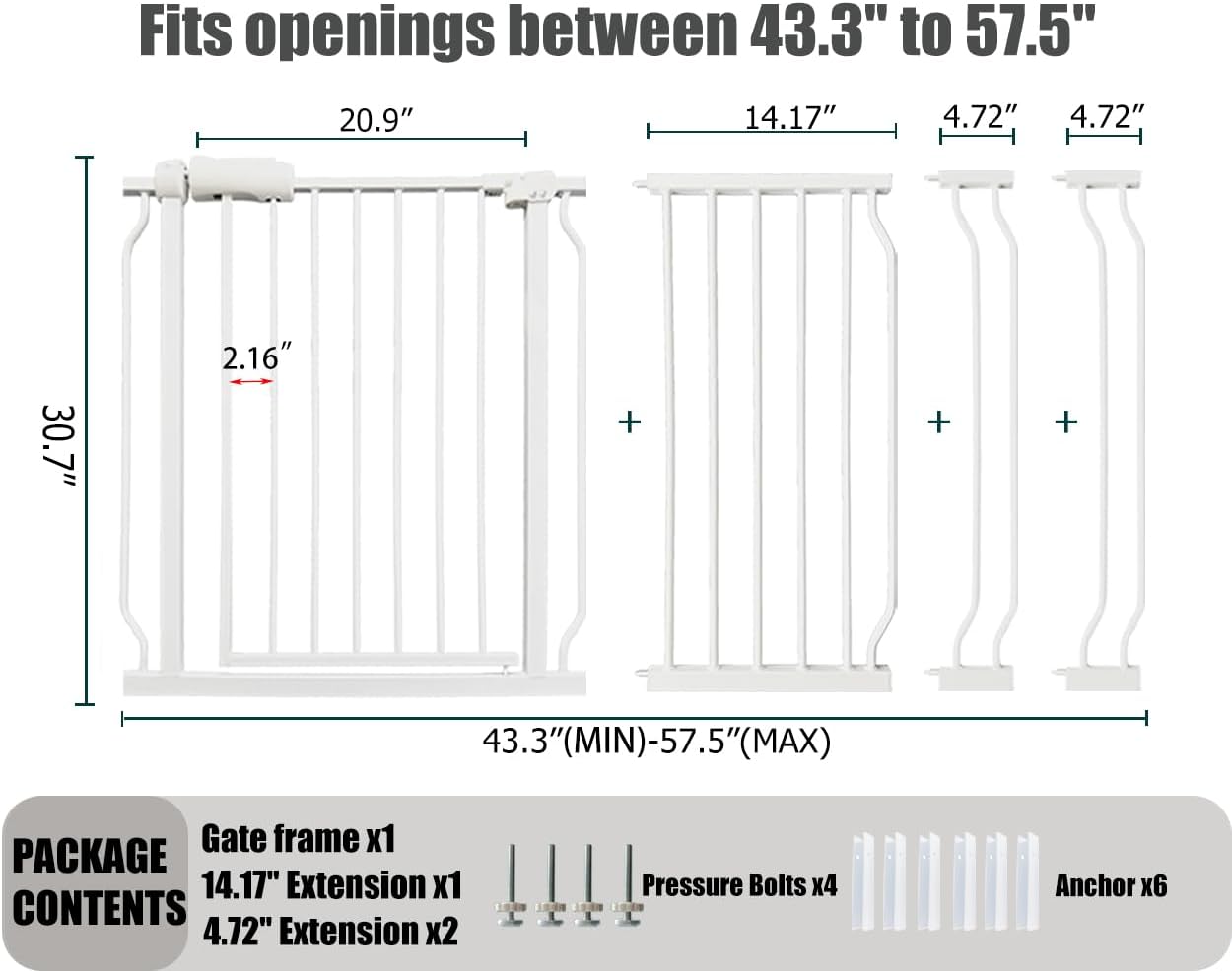 Extra Wide Baby Gate, 52.7-57.5 Inch, Large Walk Through, White Metal, Pressure Mounted, Long Safety Dog Gate for House Doorways & Stairs, 30 Inch Tall