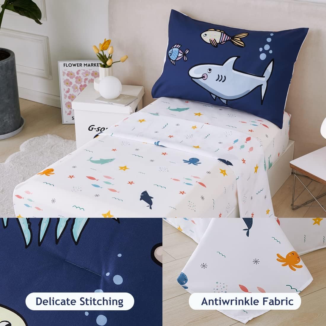 PERFEMET 4 Pieces Toddler Bedding Ocean Animal Printed Toddler Comforter Set Reversible Lightweight Cartoon Bed in A Bag for Toddler Boys Girls(Navy Blue, Sharks/Dolphins/Fish)