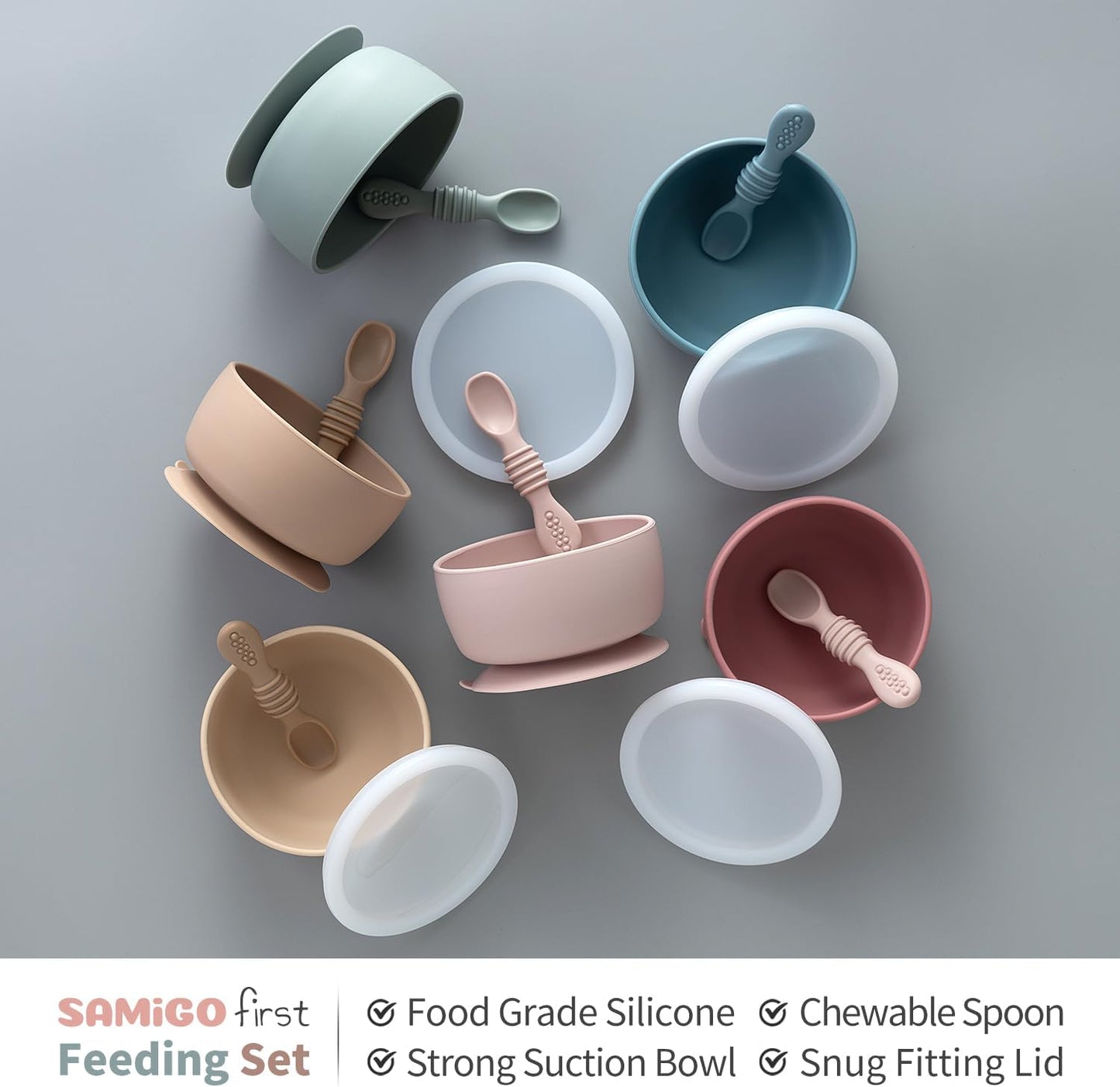 SAMiGO Silicone Baby Bowl and Spoon Set with Suction and Lid, First Stage Self Feeding Essentials, Food Bowl for 6+ Months