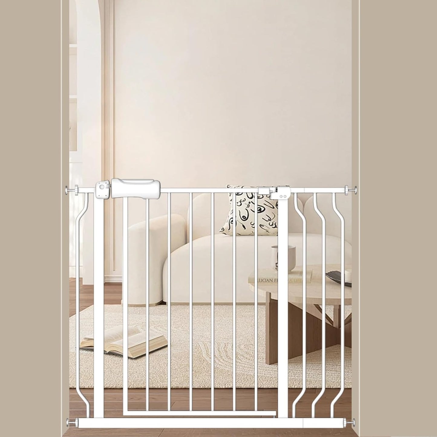 ALLAIBB Extra Wide Baby Gate Pressure Mount with Auto-Close, White Metal Safety Gate for Stairs & Doorways - Child Proof, Pet Barrier for Hallways, Kitchen, Living Room for 33.86-38.58 inch