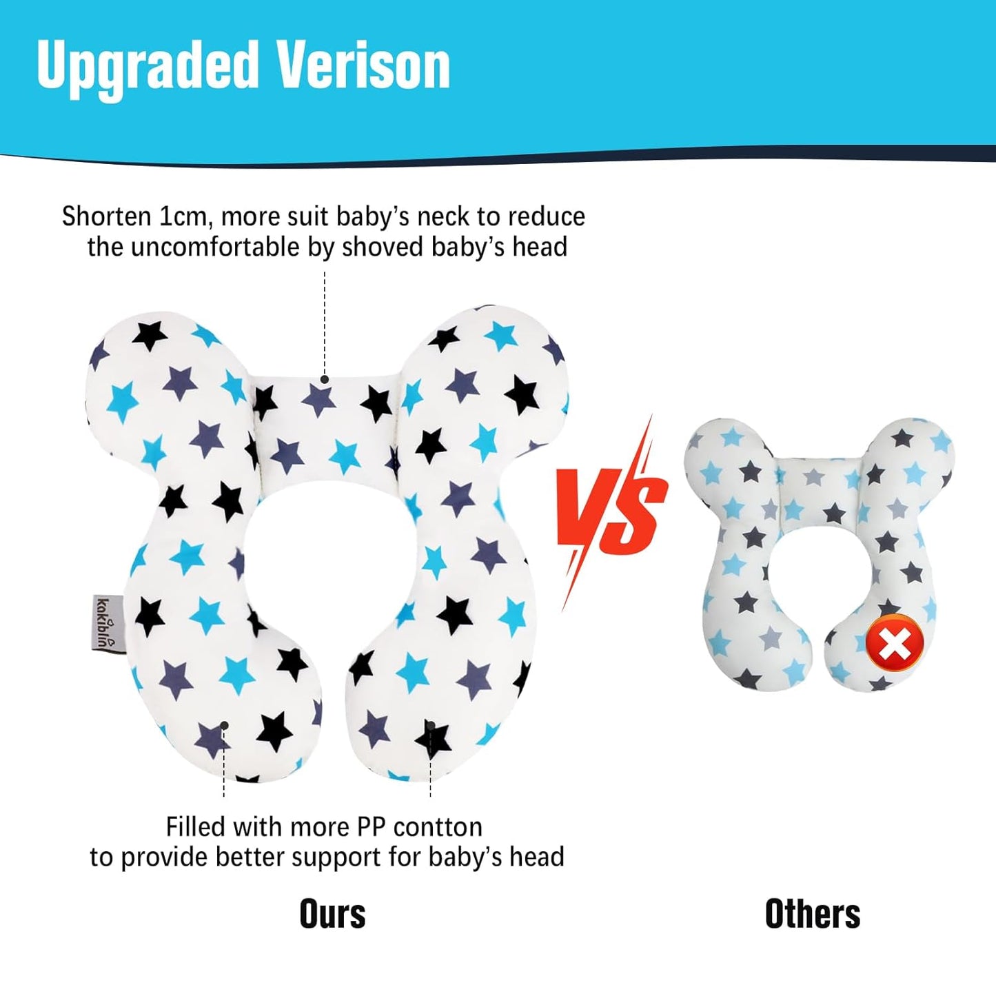 KAKIBLIN Baby Neck Pillow, Upgraded Baby Support Pillow, Head Pillows for Carseat, Newborn Neck Support for Car Seat,Pushchair,Travel (White Star)