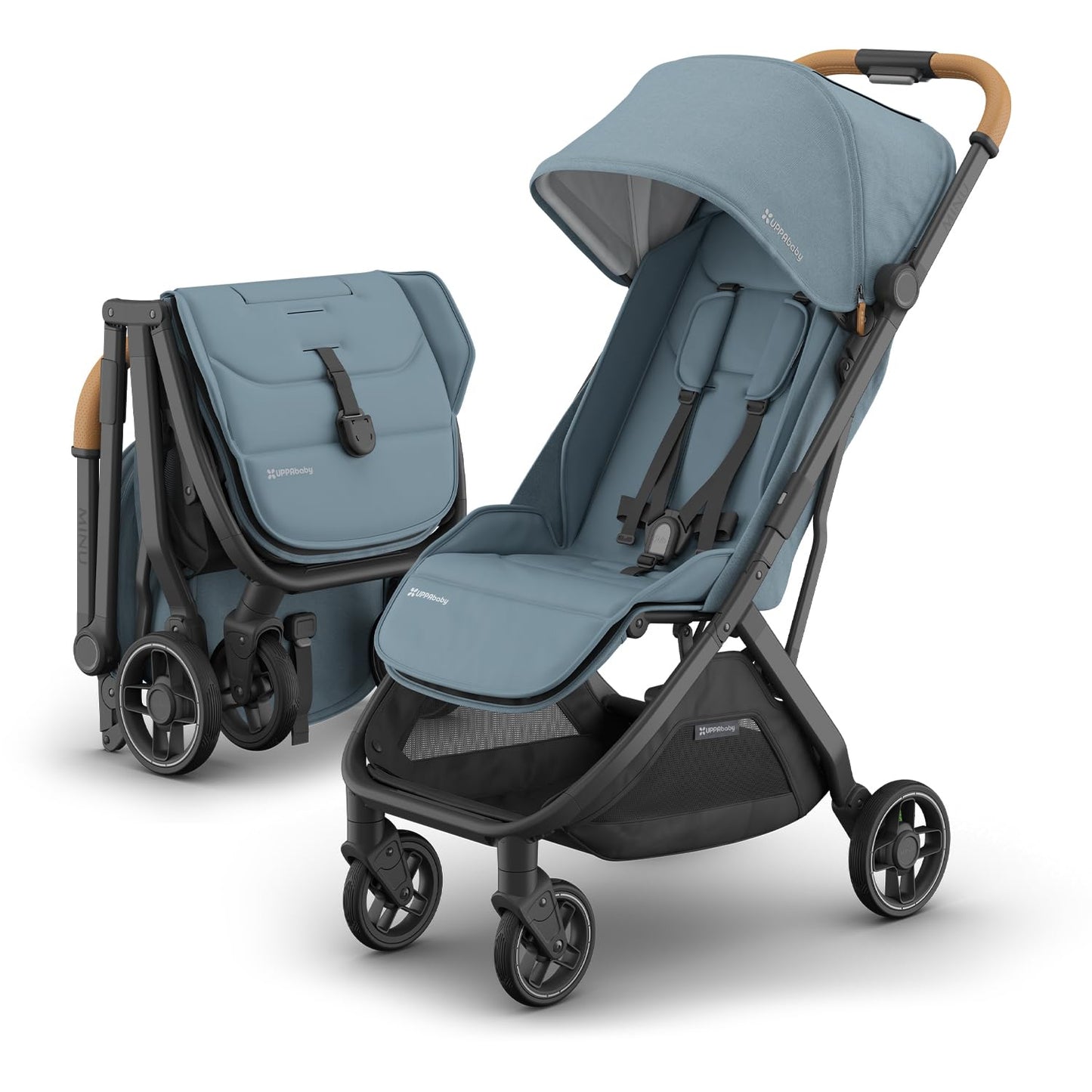 UPPAbaby Minu V3 Travel Stroller | Lightweight + Compact Design | One-Hand Fold + Unfold | from Birth + Overhead Compatible | Dillan (Stone Blue/Carbon Frame/Sand Leather)