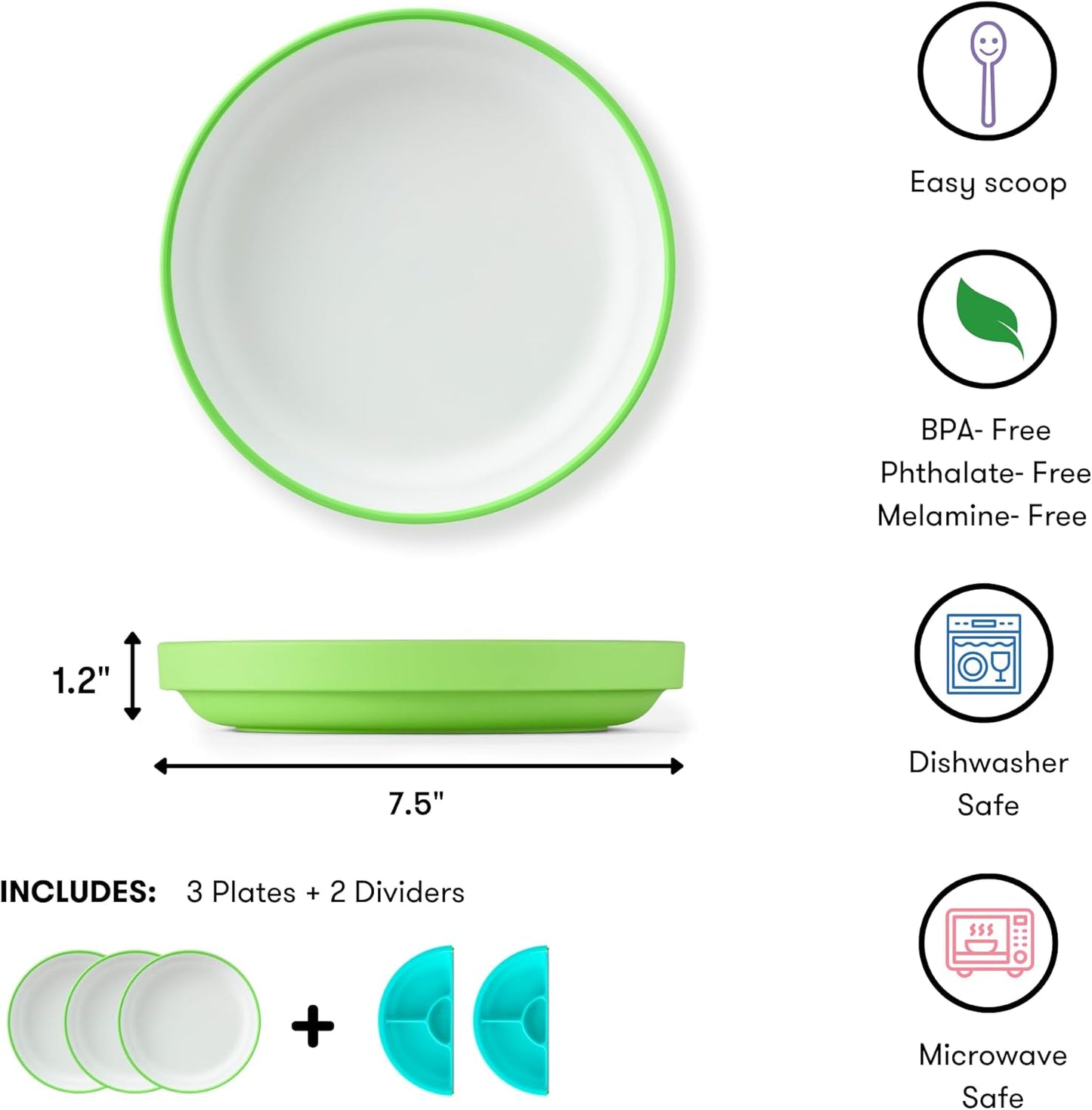 Omie® Easy Scoop Plates for Kids | Unique Design Helps Food Fall into the Spoon, Not on the Table | Made from Plants | 3 Plates + 2 Silicone Dividers | Green