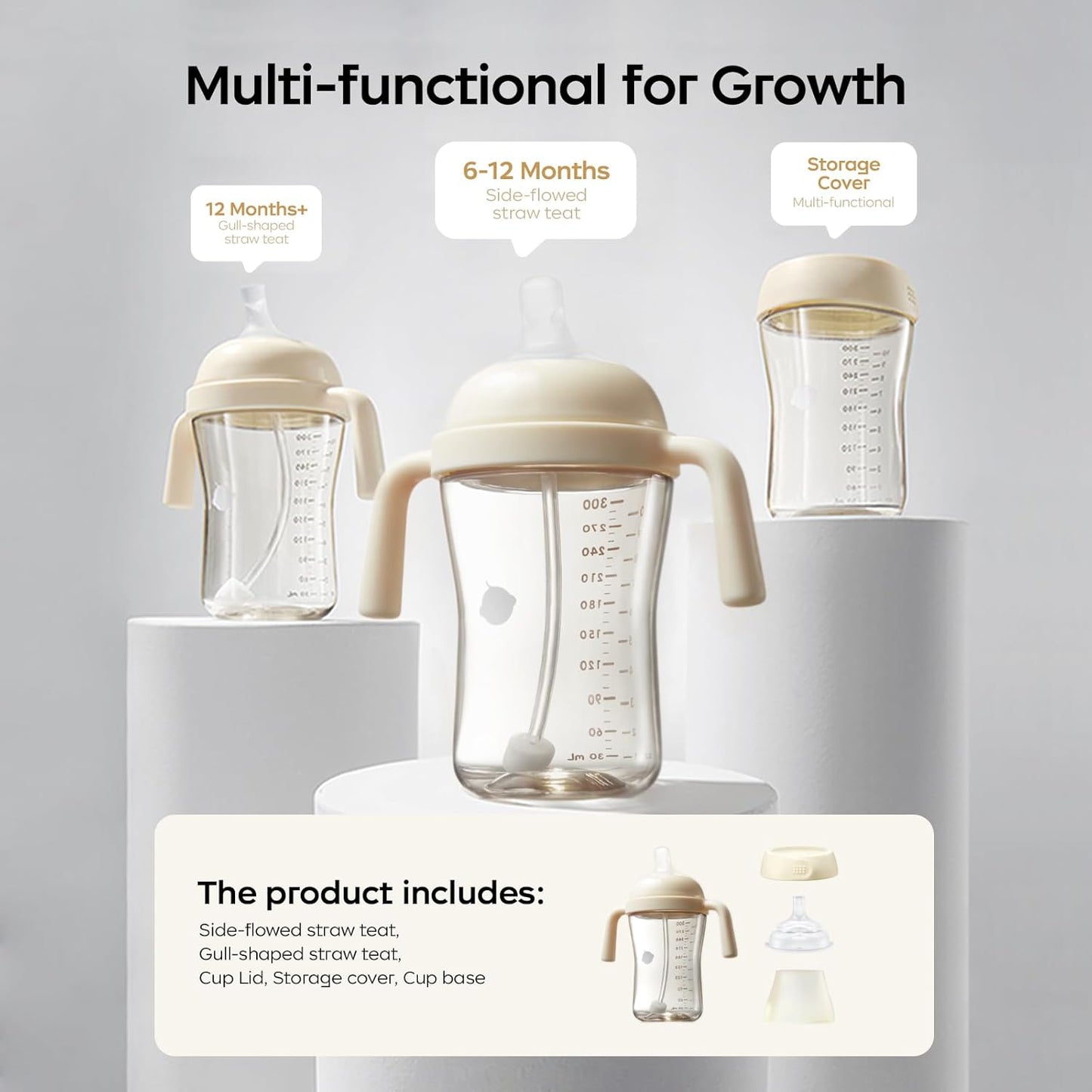 bc babycare Sippy Cup Learner for 6+ Month Old with Nipples & Handles, Spill Proof Sippy Cup, Weighted Straw Toddler Cups, Anti-Choking Baby Cups 1 Pack,Beige