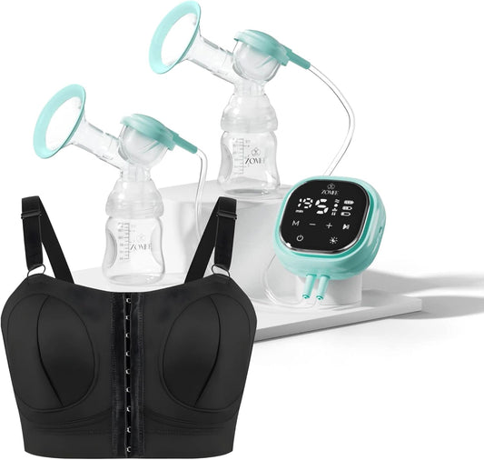 Zomee Z2 Double Electric Breast Pump - Shabbat Mode Edition - Portable, Hands Free Pumping Hospital Grade Wearable Breast Pump Including; Black Bamboo Pumping Bra (Large)