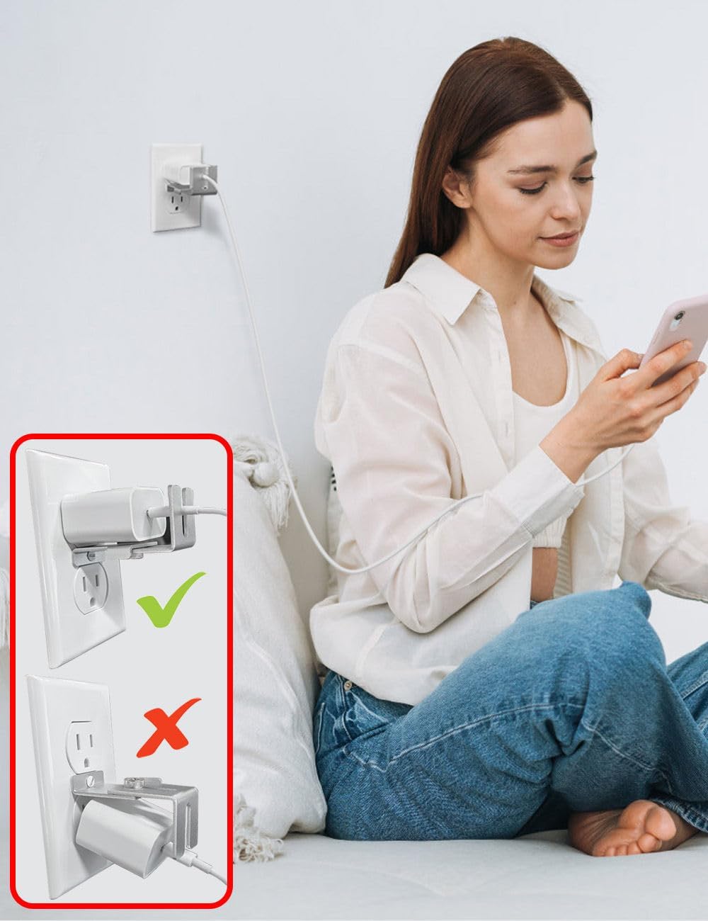 Charger Lock to Outlet, ILIVABLE Adjustable Metal Outlet Lock, Firmly Secures Power Plug from Unplugging (Silver, 1 Pack)