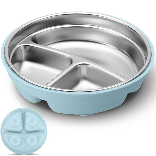 Nuogo 1 Pcs Stainless Steel Baby Suction Plates with Removable Silicone Shell 2-in-1 Metal Toddler Bowl Divided for Picky Eaters Kids Feeding Led Weaning Supplies, Dishwasher Safe (Light Blue)