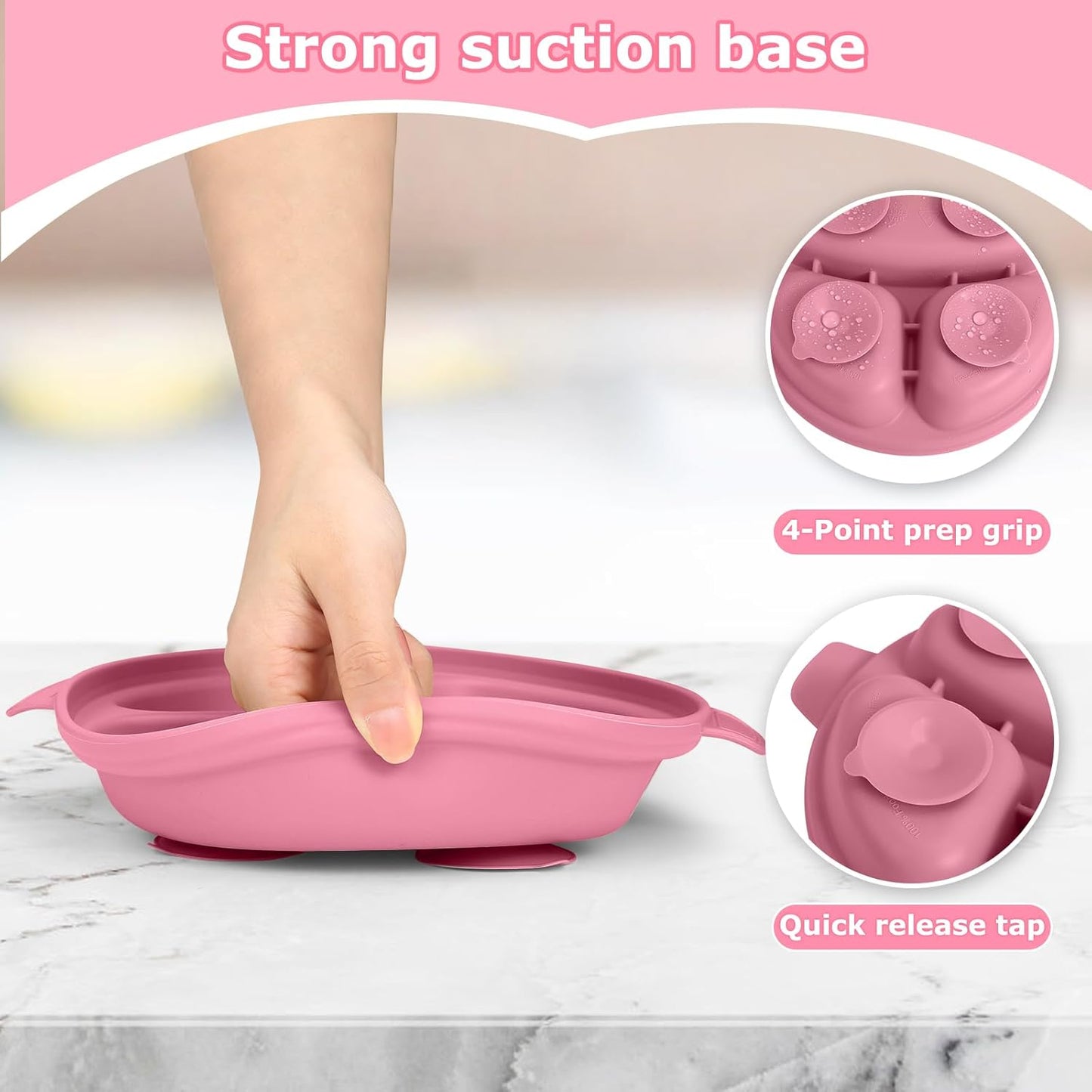 Stainless Steel Baby Plate and Bowl with Suction, Baby Bowl and Divided Kids Toddler Plate with Removable Silicone Shell, Non-Slip Toddler Baby Feeding Set, Forks + Spoons Included-Rose red