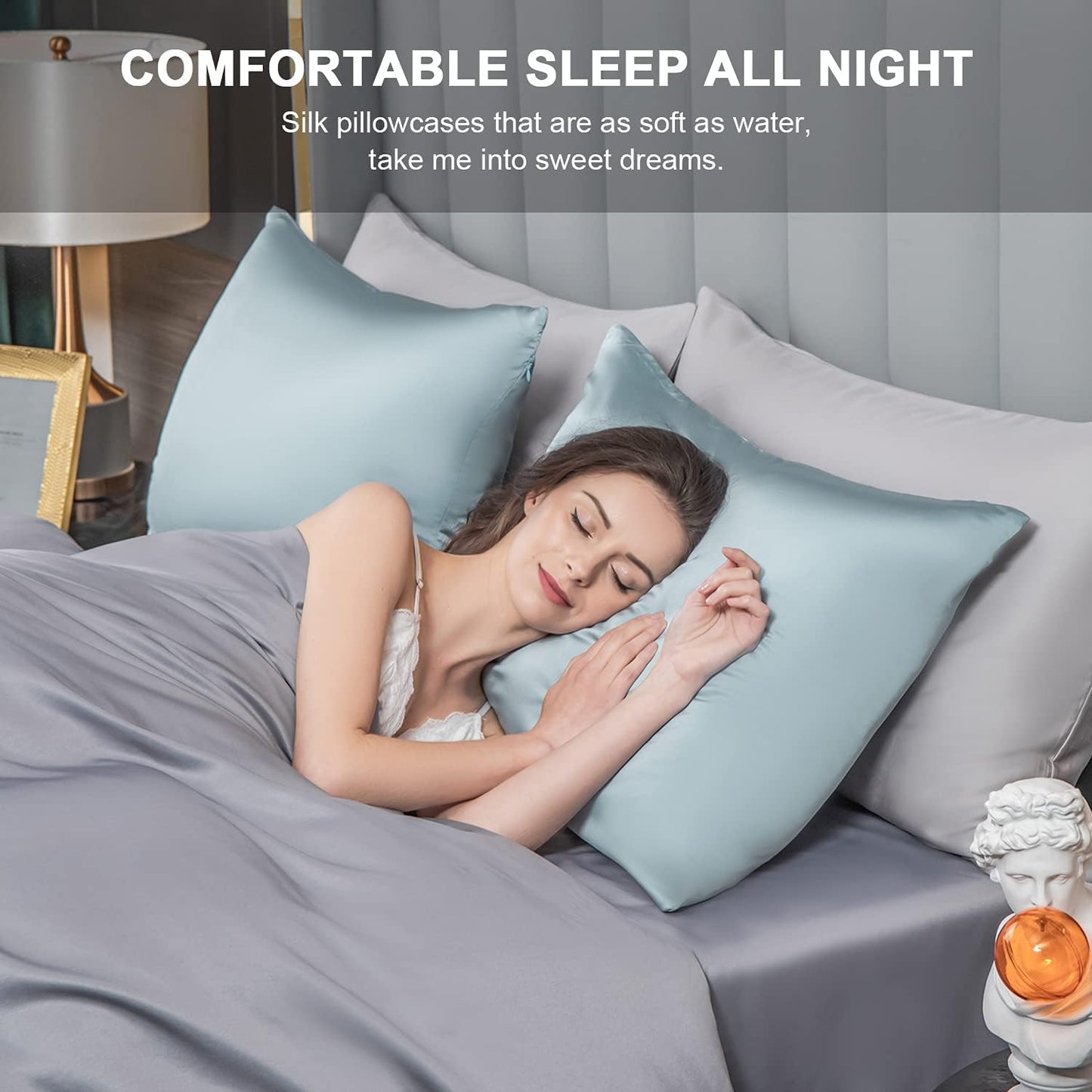 Mulberry Silk Pillowcase for Hair and Skin,Standard Size Cooling Silk Pillow Case with Hidden Zipper,Allergen Proof Dual Sides Soft Breathable Smooth Silk Pillow Cover for Women(Queen,Aqua Blue)