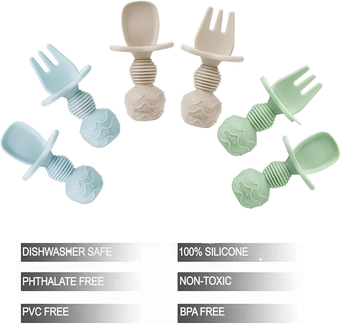PandaEar 6 Pack Silicone Baby Spoons and Fork Feeding Set- Anti-Choke First Self Feeding Utensils for Baby Led Weaning Ages 3 Months (Blue, Green&Tan)