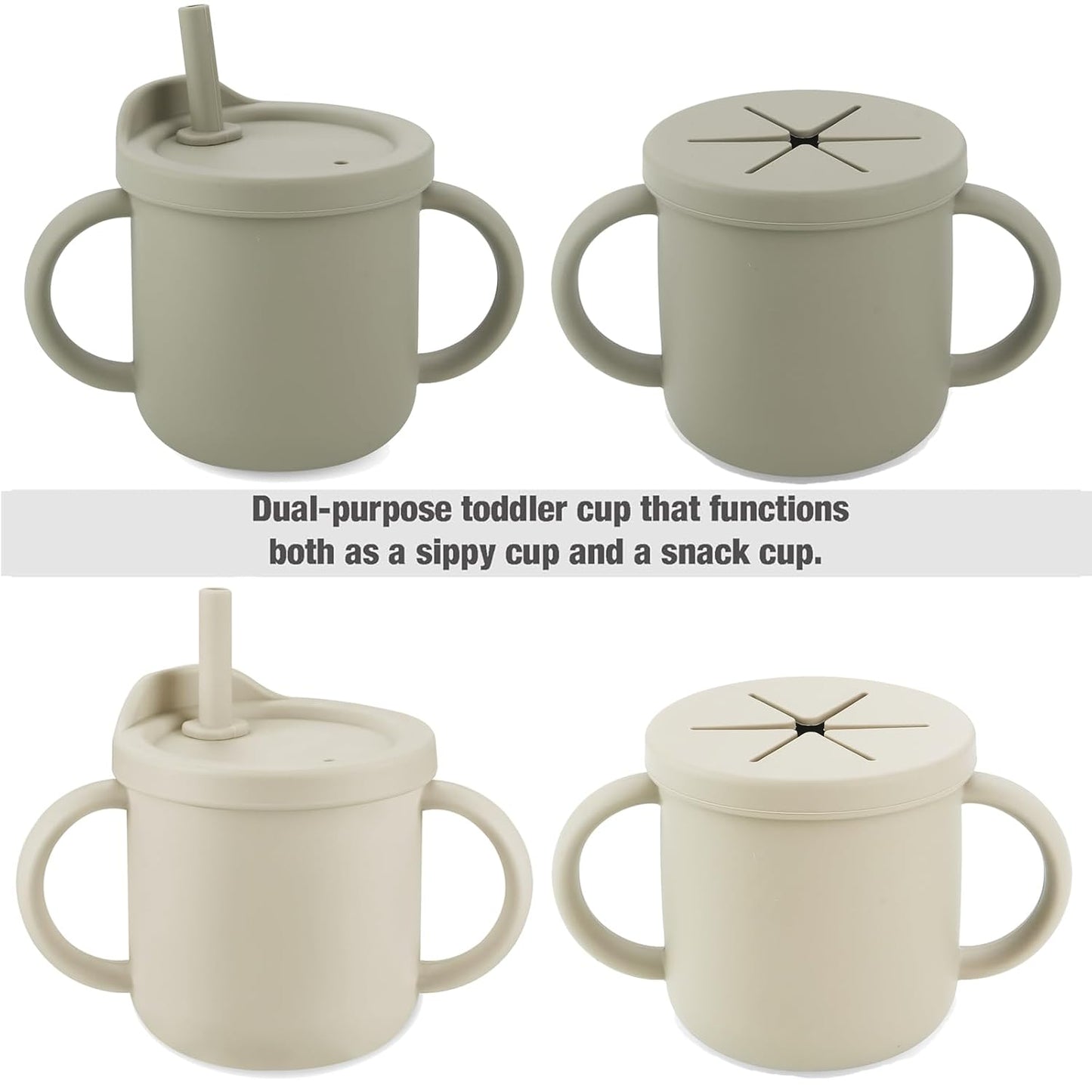 PandaEar 2 Pack Silicone Baby Straw & Snack Cup with 2 Spoons 2 Forks, Dual-Purpose Toddler Training Cups, Light Tan/Walnut