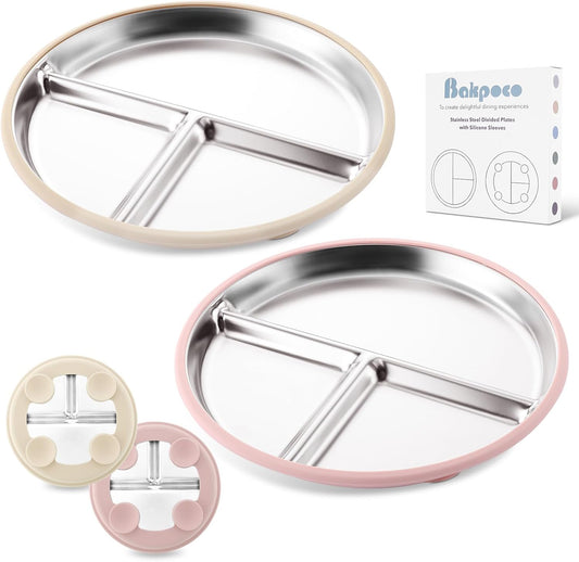 Stainless Steel Baby Plate with Suction, 9” Divided Toddler Plates with Removable Silicone Sleeves for Kids, Non-Toxic Non-Slip Unbreakable Dishwasher Safe Dinnerware Set of 2, Pink & Beige
