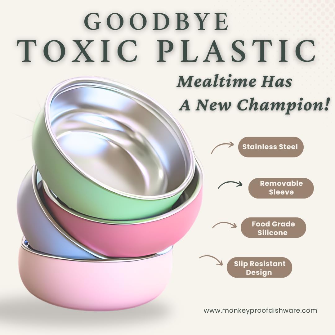 Monkey Proof™ Non-Toxic Stainless Steel Child Bowl 5” with Non-Slip Silicone Shell, (Set of 4 bowls) Unbreakable, Mess Free Feeding for Babies, Toddlers, Kids, BPA free (Misty Blue)