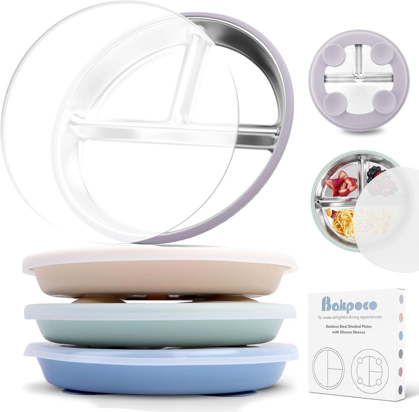 Stainless Steel Toddler Suction Plate with Lid, Deepened 9" Divided Plates with Removable Silicone Sleeves for Kids, Non Toxic Unbreakable Snack Dishes Set of 4, Sage Blue Beige Lilac