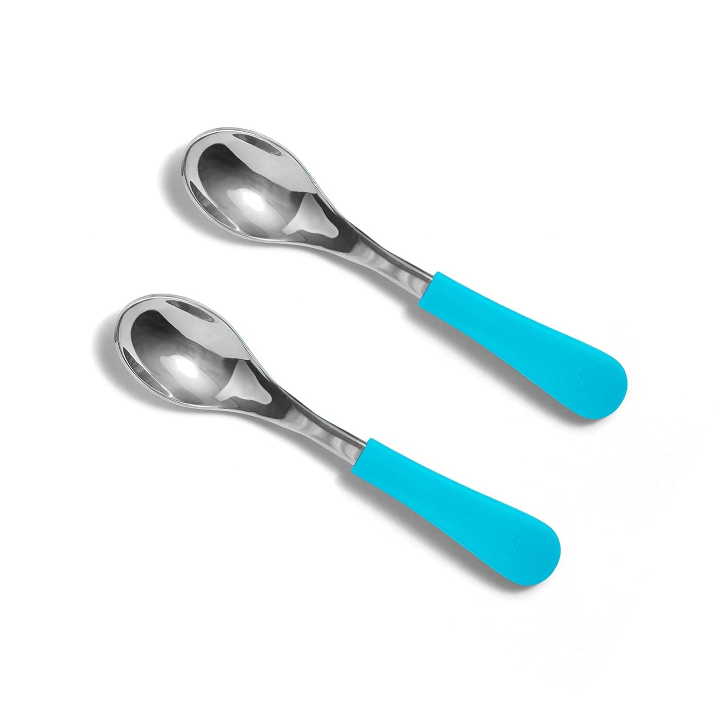 Avanchy Baby Spoons, Forks Stainless Steel and Silicone Set, Self Feeding Food Utensils, 4 Months Baby Led Weaning