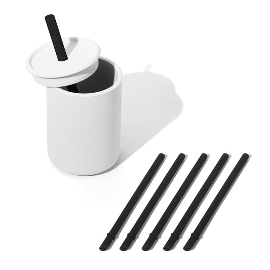 Avanchy Silicone Training Sippy Cup with Straw Lid – For Babies 6+ Months to Toddlers 1 Year Old – 8 oz Infant Water Cup for Baby Led Weaning, White + 5 Reusable Straws