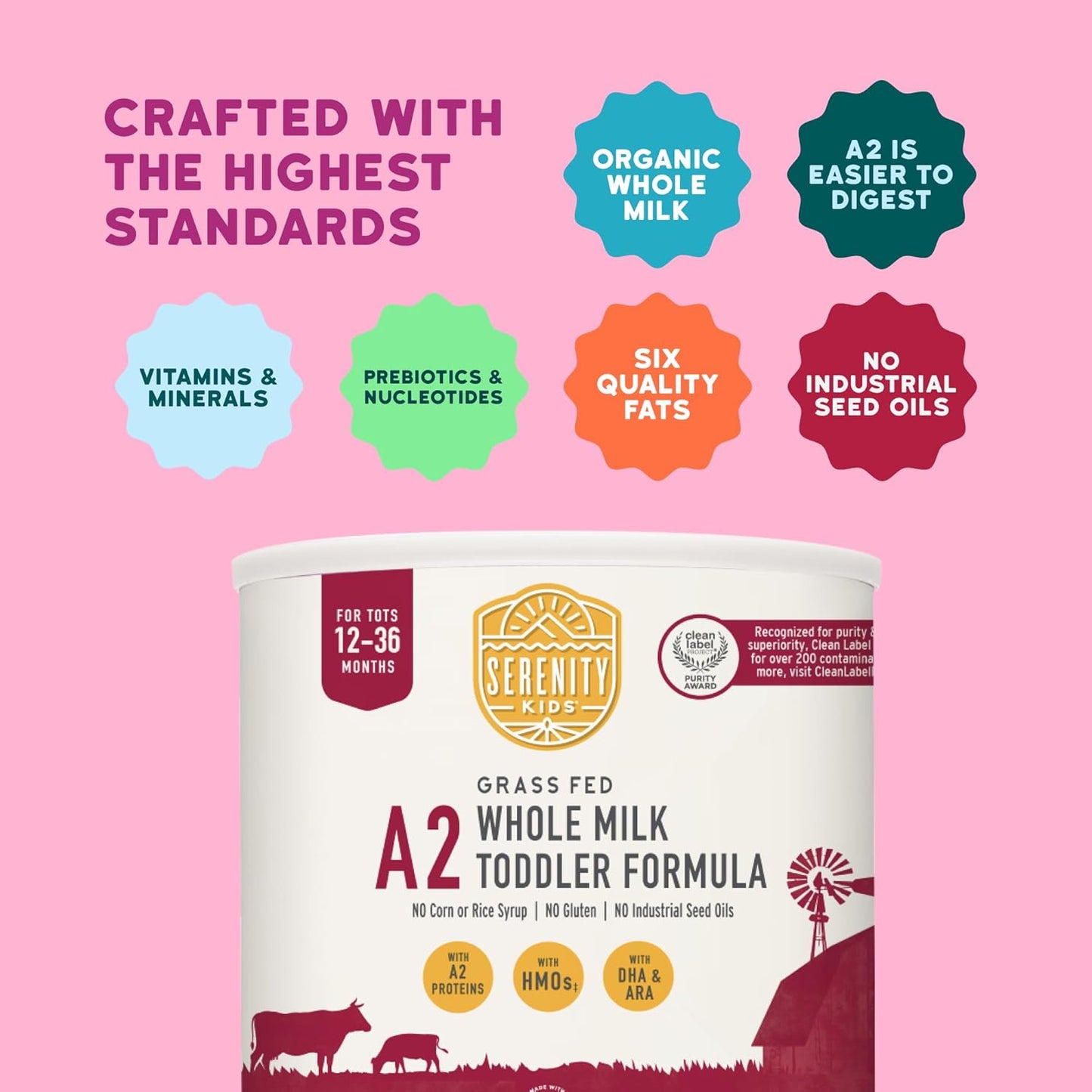 Serenity Kids Organic Toddler Formula Powder - Grass Fed A2 Whole Milk Powder - Prebiotics & DHA for Growth - Clean Label Project Purity Award Certified - 21 Oz, 6 Pack