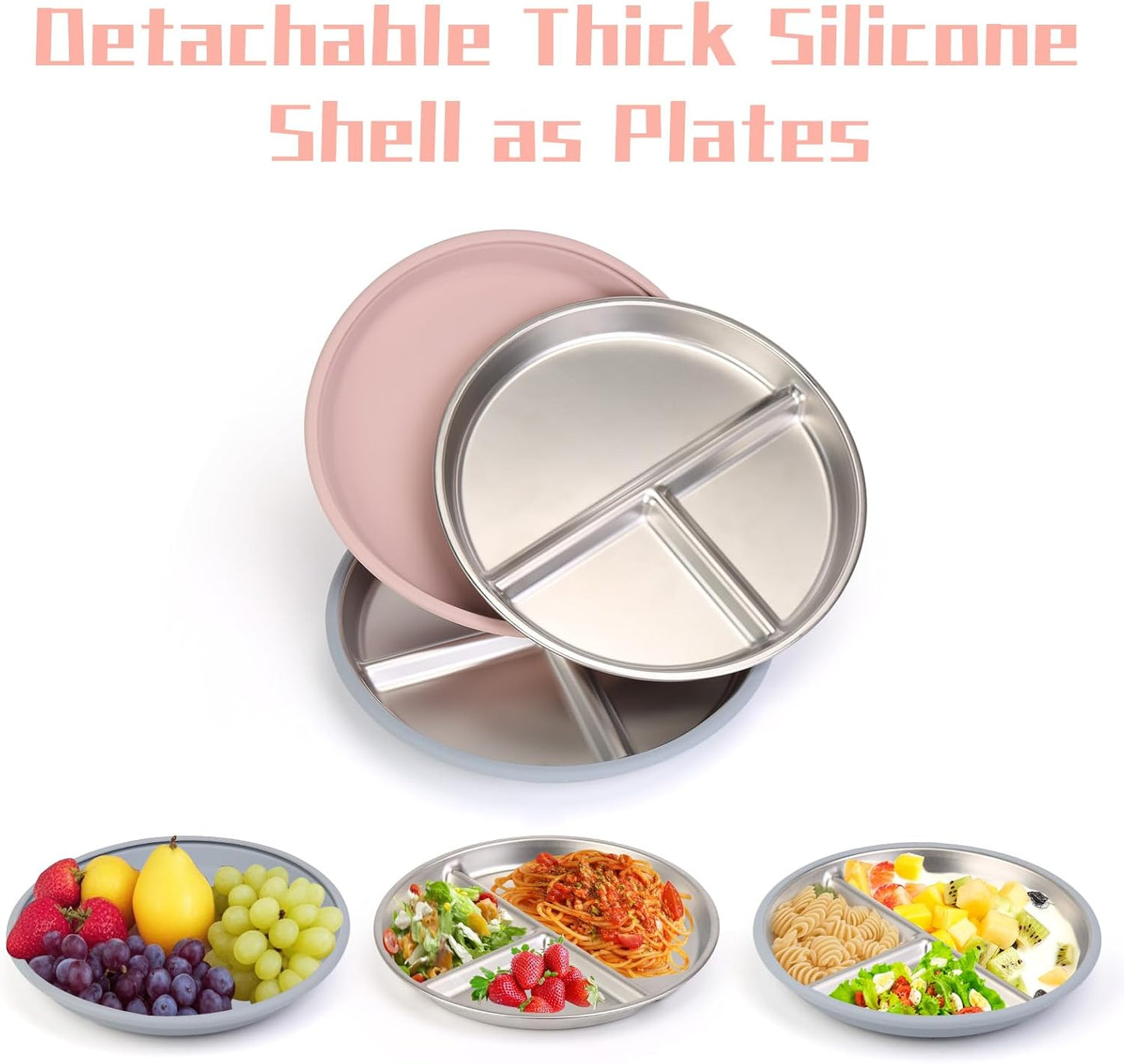 ShineMe Stainless Steel Kids Plates 2 Pack, 9”Suction Plates for Baby with Removable Colored Silicone Sleeves, Unbreakable Toddler Divided Plate Non Toxic for Snack, Meal...