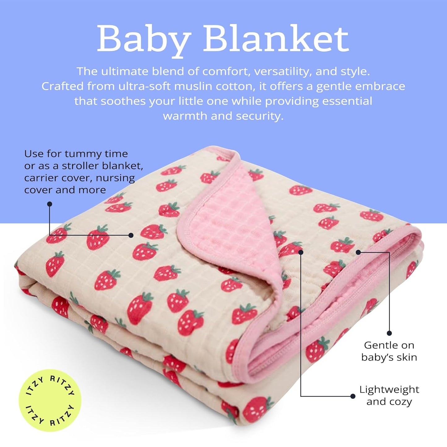 Itzy Ritzy Baby Blanket – Soft Cotton Muslin Multi-Use Blanket - Can Be Used as a Tummy Time Mat, Nursing Cover, Stroller Shade & More – Measures 30" x 40", Machine Washable (Strawberry)