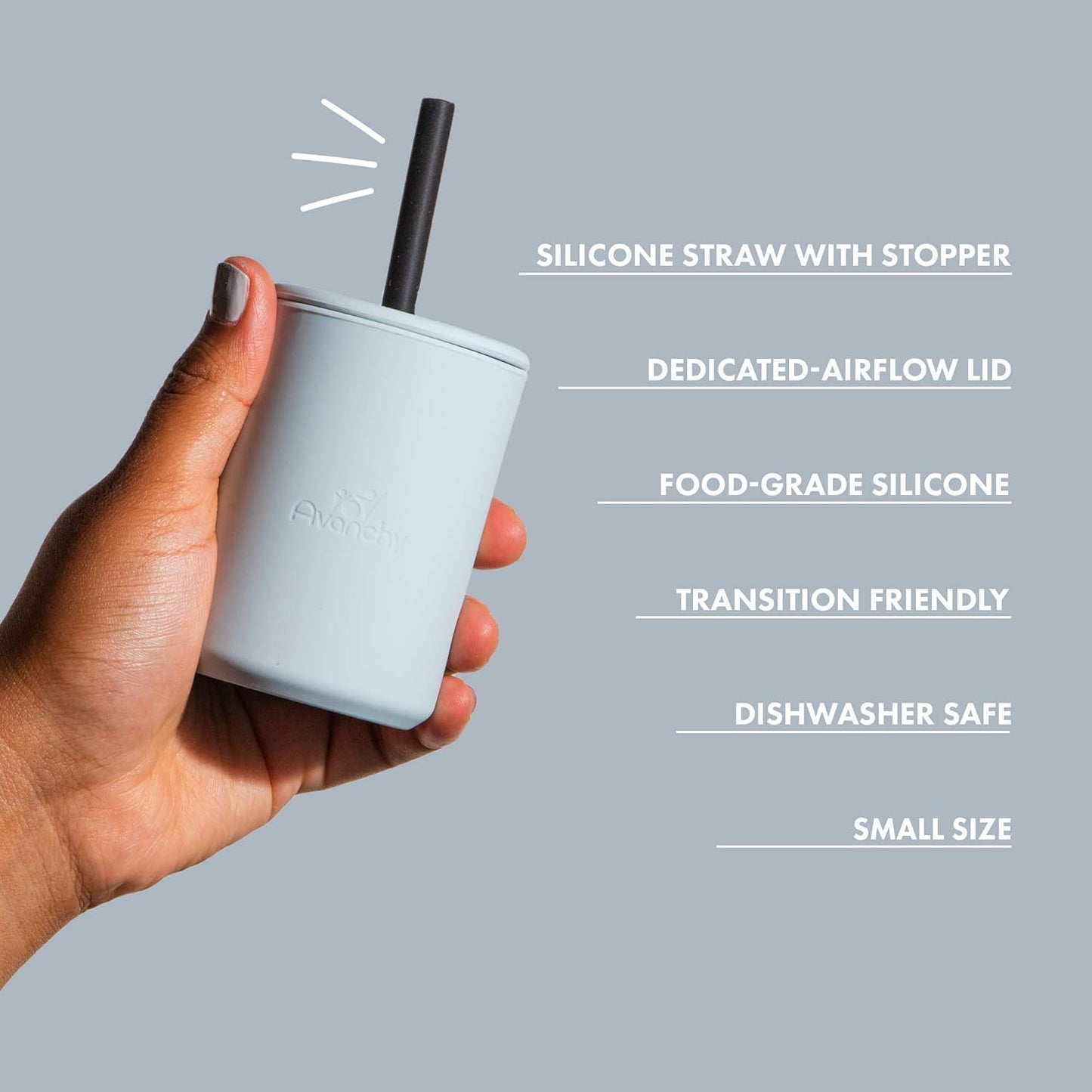 Avanchy Silicone Training Sippy Cup with Straw Lid – Tiny Cup for Babies 6+ Months to Toddlers 1 Year Old – 5 oz Infant Water Cup for Baby Led Weaning, White