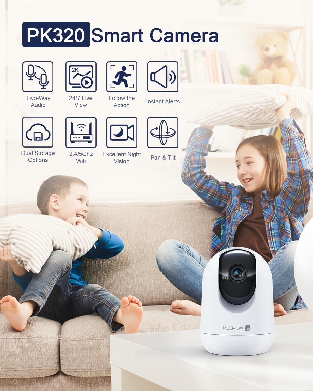 MUBVIEW Cameras for Home Security, 2.4/5GHz WiFi 2K Indoor Wired Se2.curity Baby/Pet Camera with Phone App, Night Vision, 24/7 Record, 2-Way Audio, Motion Tracking, Cloud Storage