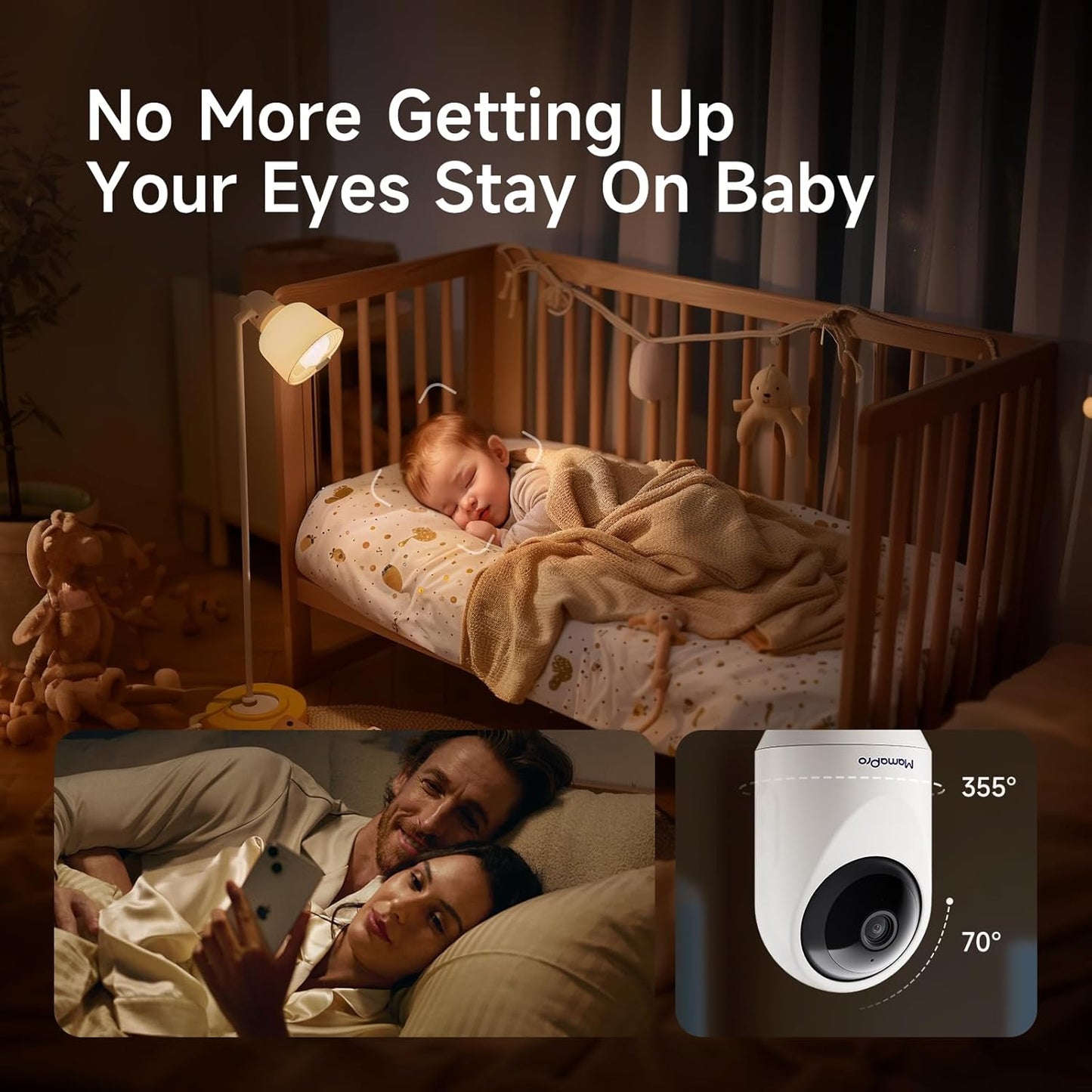 WiFi Baby Monitor with Camera and Audio - 2K Color Night Vision, WiFi Video Baby Monitor - 355° Pan/70°Tilt, AI Motion/Cry/Temp/Humidity Alerts, 2-Way Audio, App for 20 Users, 8 Lullabies