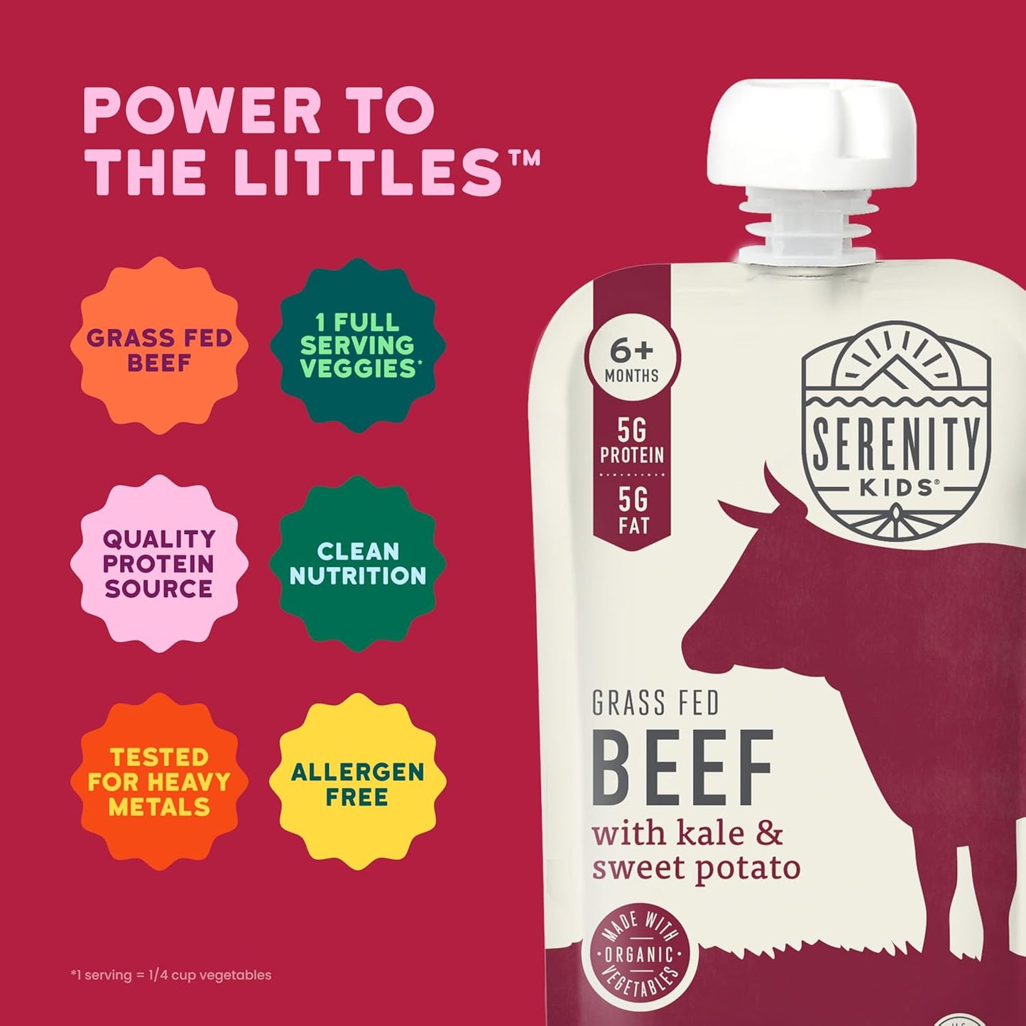 Serenity Kids 6+ Months Baby Food Pouches - Grass Fed Beef Puree with Organic Kale & Sweet Potato - BPA-Free Baby Snacks - 3.5 Oz, 6 Pack