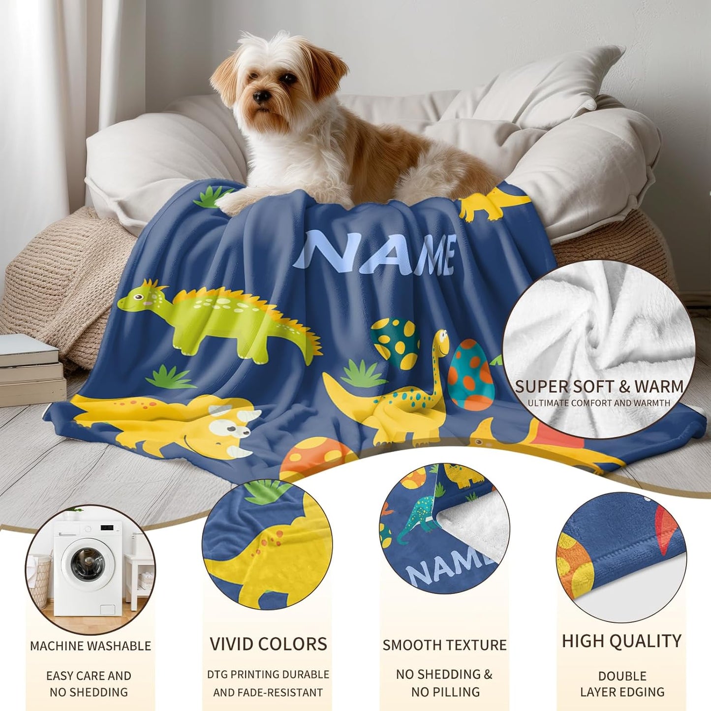 Ship Next Day, Custom Dinosaur Blanket - Printed in USA, Personalized Blankets with Name, Gift for Kids Boys Girls, Unique Present for Birthday, Christmas, Educational Blankets for Children