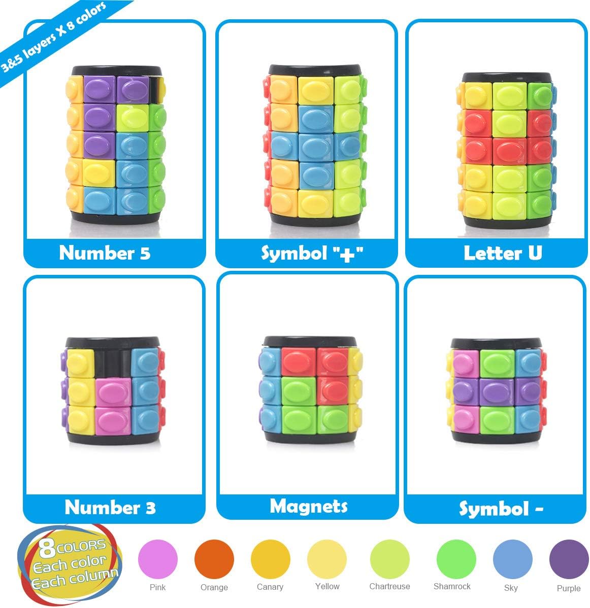 R.Y.TOYS Rotate and Slide Puzzle-Design Patent,Fidget Toys(Restore Order/Create Patterns) 8 Colors,3 and 5 Layers-Detach Piece for Quick Play,Brain Teaser,Sensory Toys Gifts,Easter Basket Stuffers