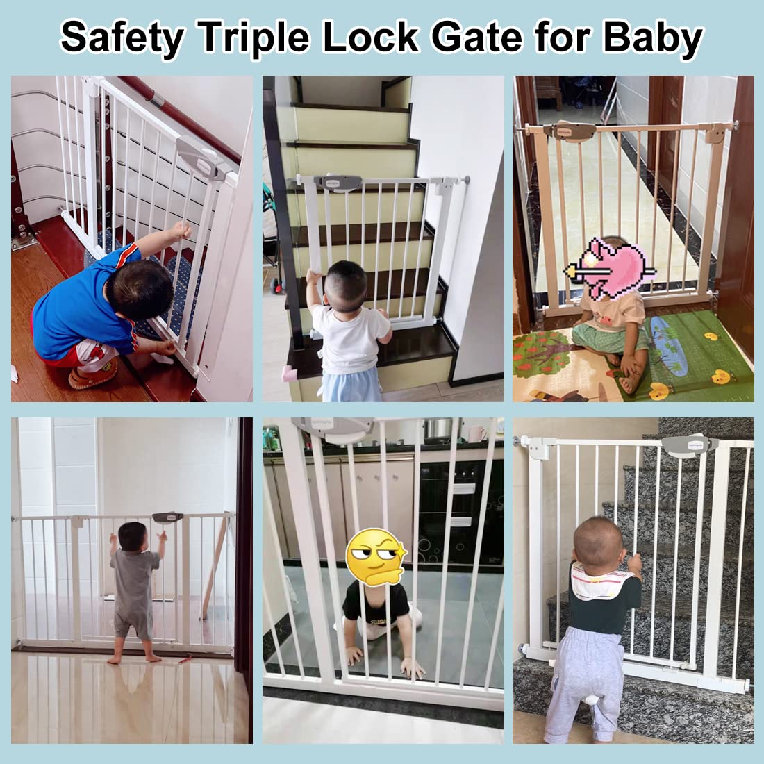 WAOWAO Triple Lock Baby Gate Extra Wide 67.32-72.04" Pressure Mounted Walk Through Swing Auto Close Safety White Metal Dog Pet Puppy Cat for Stairs,Doorways,Kitchen