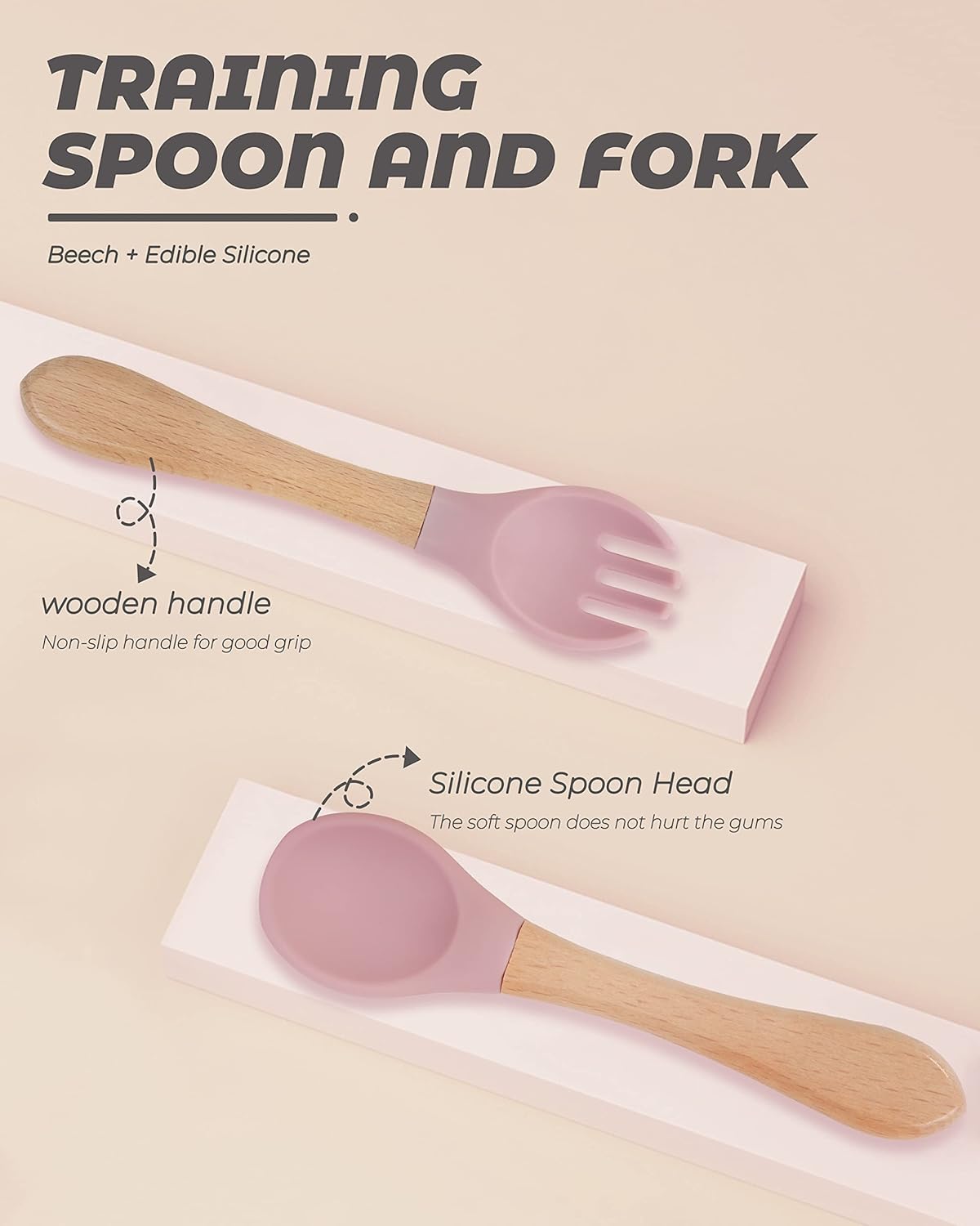 10 pcs Baby Spoons and Forks, First Stage Baby Led Weaning Spoons, Chewable Baby Utensils for Self-Feeding, Bamboo and Silicone Baby Utensils, Kids Utensils for Over 6 Months Babies
