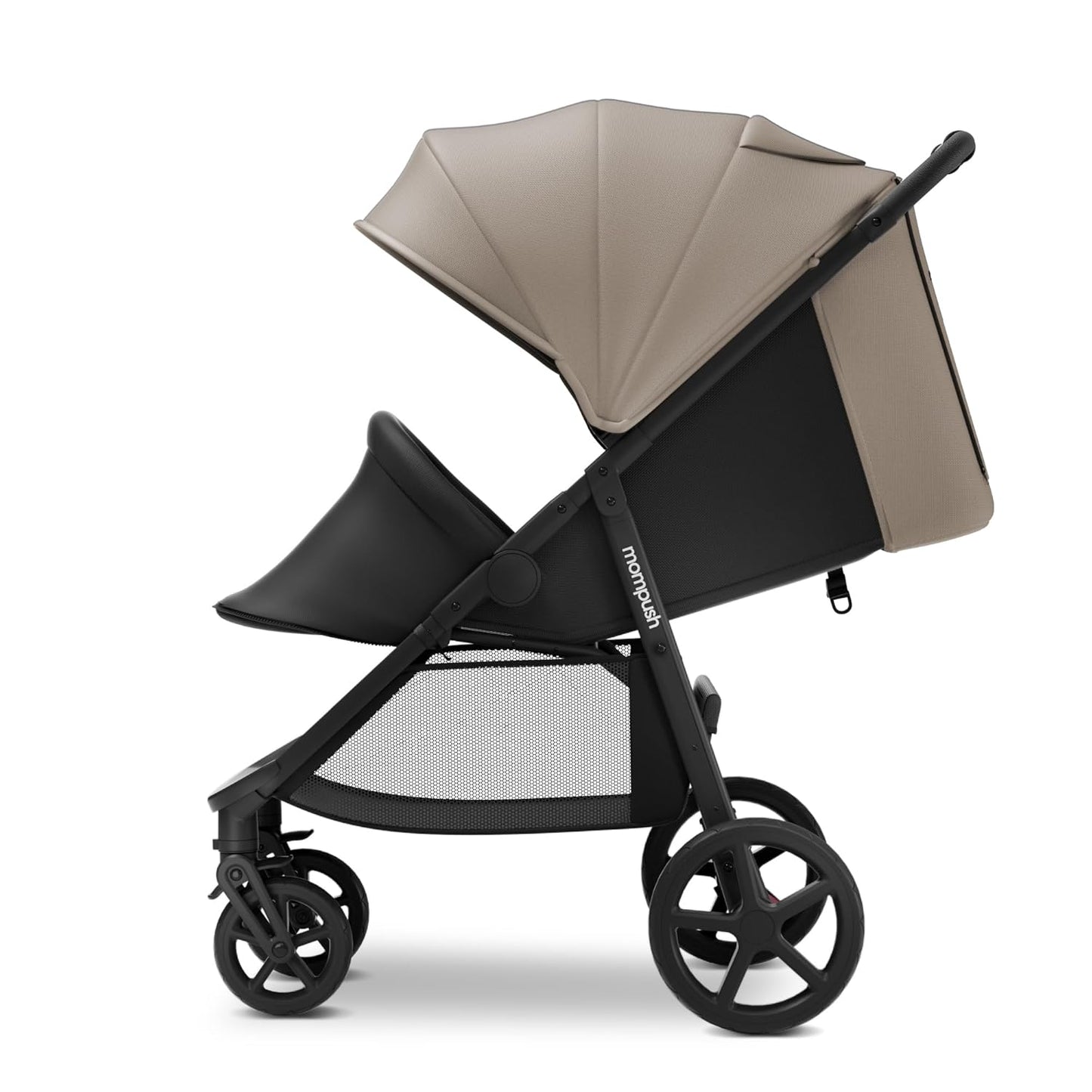 Mompush Nova Baby Stroller for Toddler, Infant & Newborn | Spacious Seat & Lie-Flat Mode | Compact One-Hand Fold, UPF 50+ Canopy & All-Wheel Suspension | Includes Rain Cover & Cup Holder, Khaki