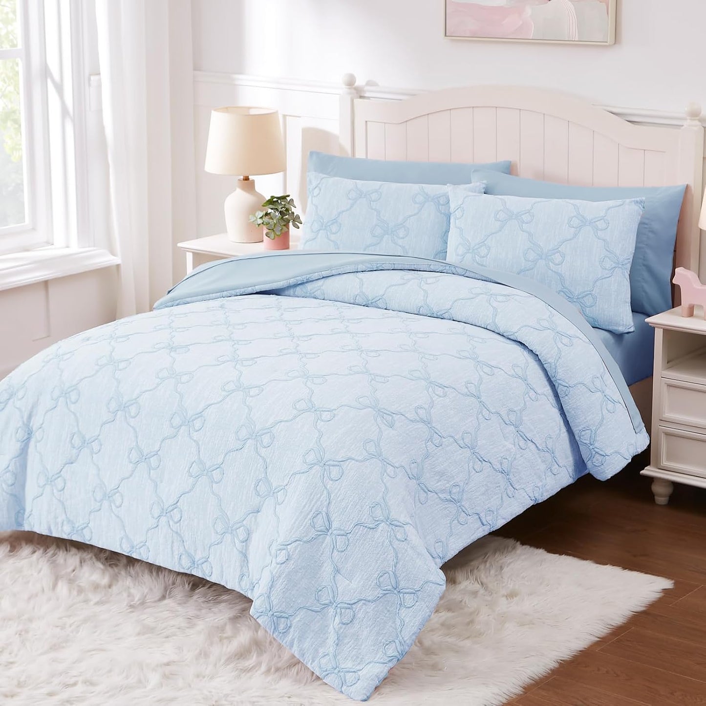 Twin Comforter Set with Sheets for Girls-5 Pieces Twin Bedding Sets with Light Blue Comforter, Sheets, Pillowcase & Sham for Kids (Light Blue Diamond, 66" X 86")
