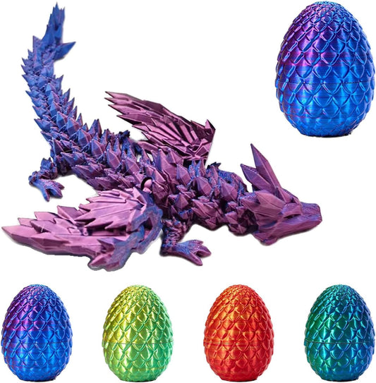 3D Printed Dragon with Wings, 3D Printed Dragon Eggs with Dragon Inside, Dragon Fidget Toy, Articulated Crystal Dragon in Egg, Home Office Decor(Purple)