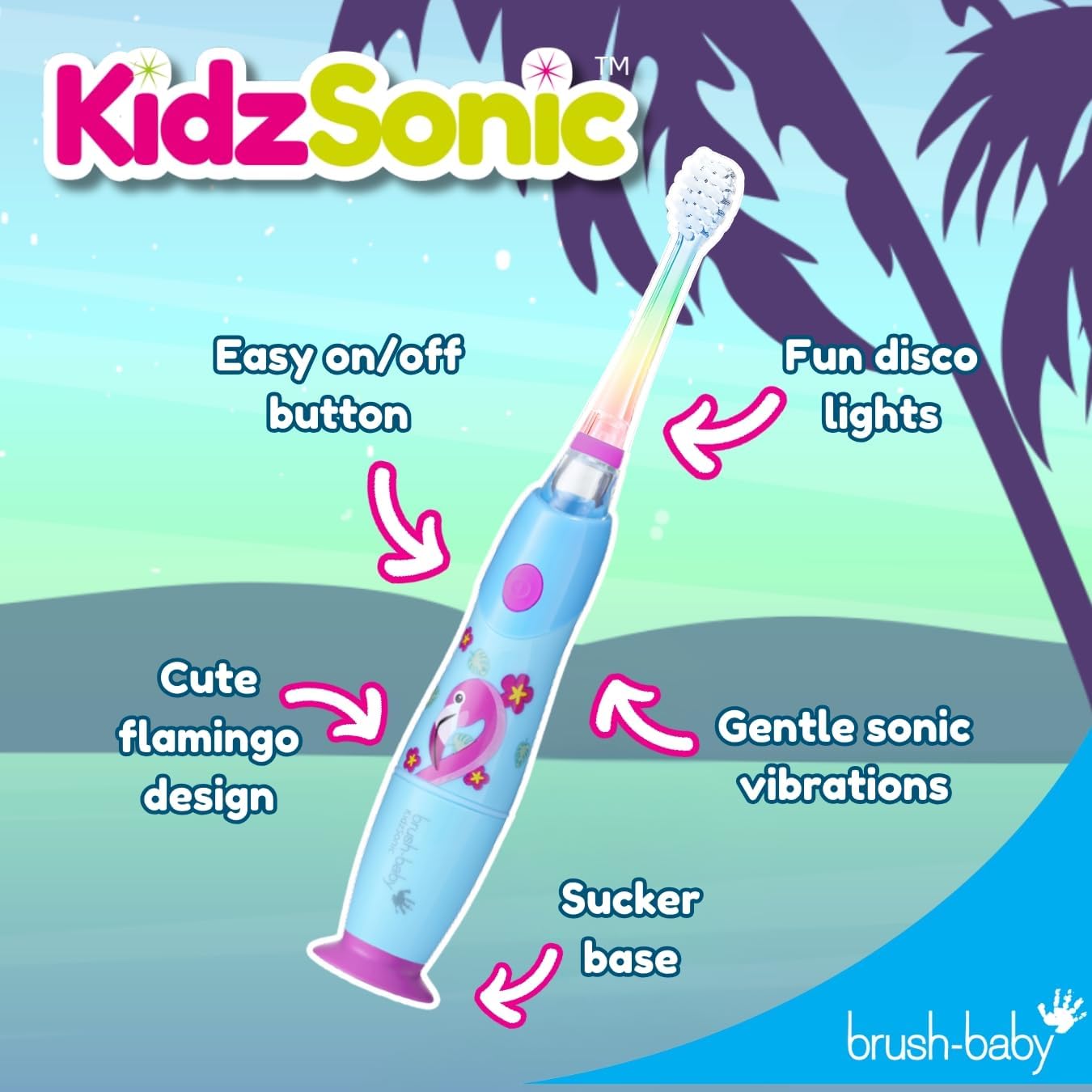 Brush‑Baby - KidzSonic Flamingo Kids Electric Toothbrush for Ages 3+ with Disco LED Lights, Gentle Sonic Vibrations, 2-Minute Smart Timer & 30‑Second Pulse Reminders – AAA Battery Included