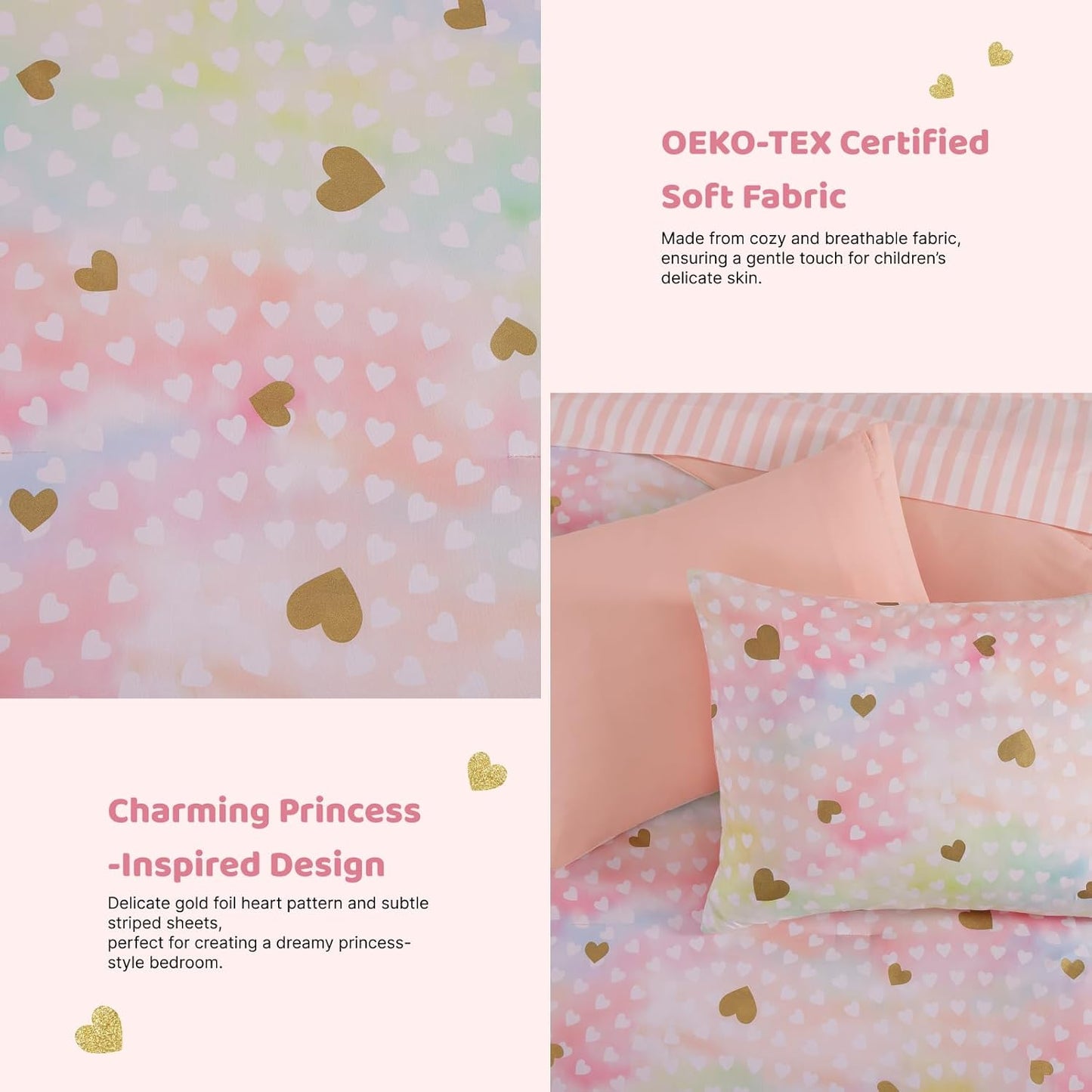 Twin Comforter Set with Sheets for Girls-5 Pieces Twin Bedding Sets with Pink Comforter, Sheets, Pillowcase & Sham for Kids (Colorful Gold Heart, 66" X 86")