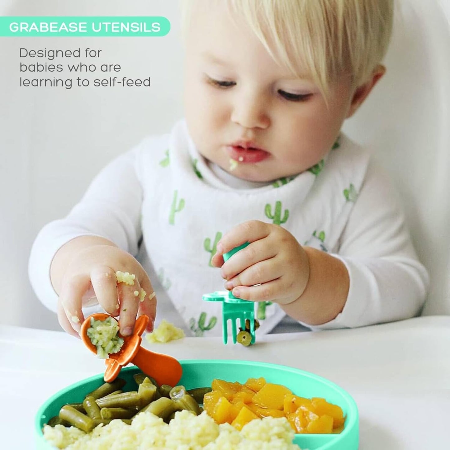Grabease Baby Spoons and Forks Utensils for Toddlers Infants BPA-Free & Phthalate-Free Baby Silverware, 2 Sets, Mint and Orange - Toddler Spoon