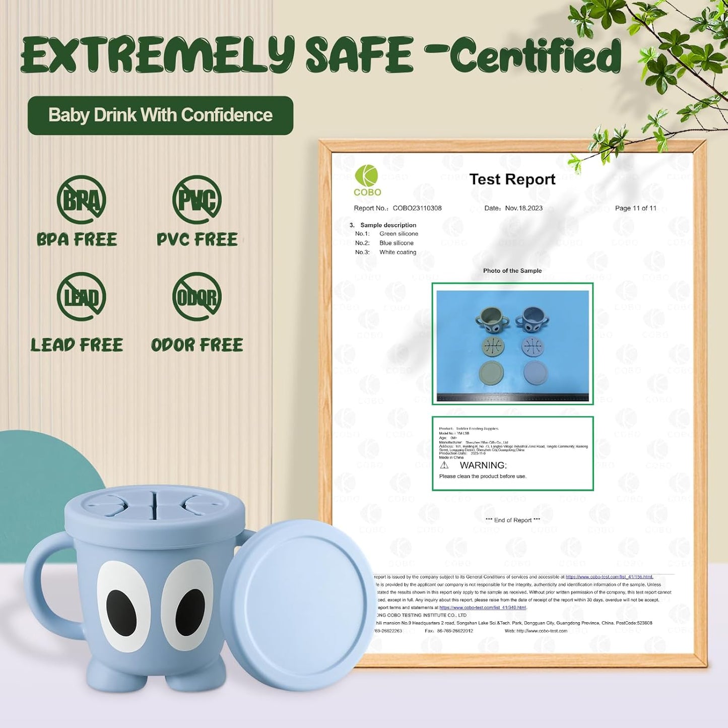 Silicone Snack Cups Food Container for Toddlers and Babies, Spill Proof Training Cup with Snack Cup Lid & Dust Proof Lid, Comes with a toy strap, Without BPA, Lead, or Phthalates (Beige)