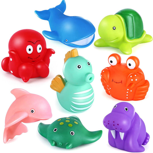 LotFancy Bath Toy, 8PCS Mold Free Bath Toys for Kids Ages 1-3, No Holes Baby Bath Toys for Toddlers 2-4, Ocean Sea Animal Bathtub Toys, Soft Floating Pool Water Table Toys