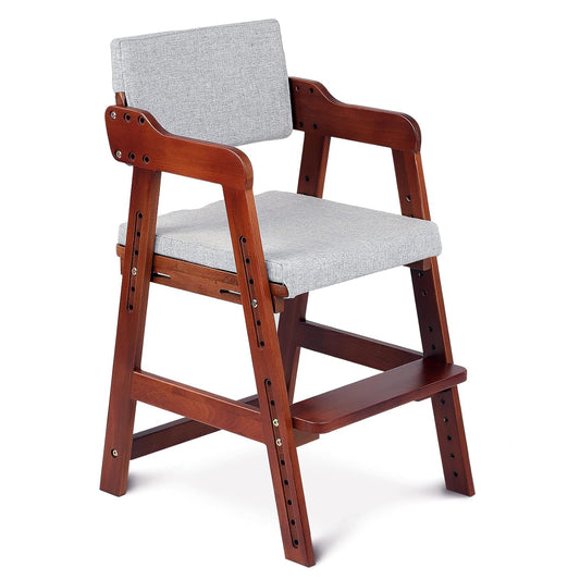 Ezebaby Wooden High Chair for Toddlers to Teens, Adjustable Kids Study & Dining Chair with Steps and Removable Cushion (Nut-Brown)