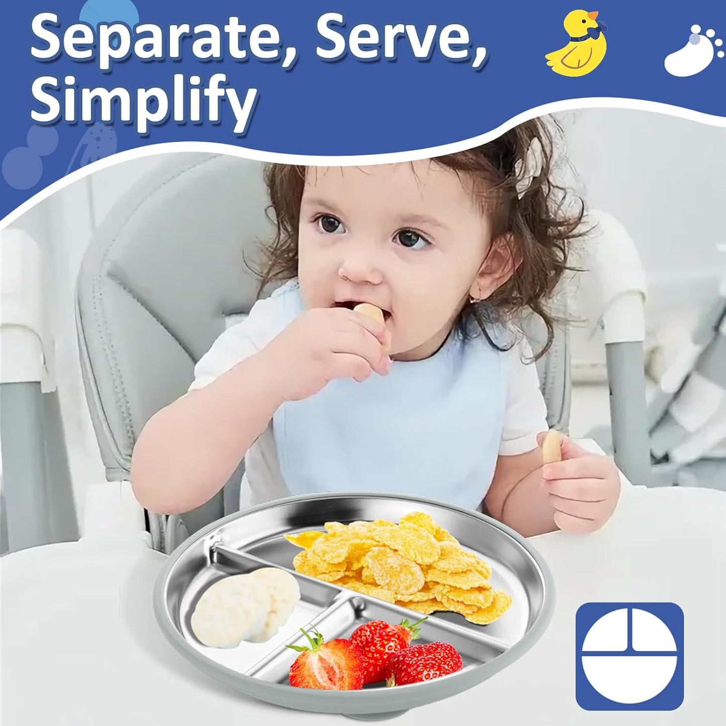 Stainless Steel Suction Plates for Toddlers, 9" Divided Kids Baby Plates with Removable Silicone Suction, Non Toxic Non Slip Portion Control Snack Dishes 4 Packs, Blue Gray Navy Sage