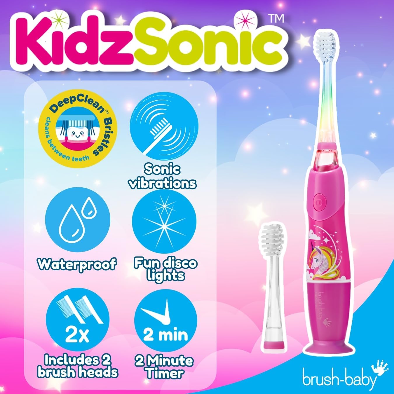 Brush-Baby - KidzSonic Unicorn Kids Electric Toothbrush, Ages 3+ Years - DeepClean Bristles, Suction Base - Fun Design with Flashing Lights - 2 x Replacement Heads & 1 x AAA Battery