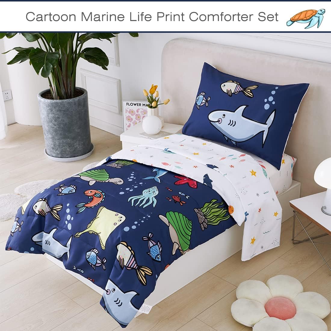 PERFEMET 4 Pieces Twin Bed in A Bag Navy Blue Ocean Animal Themed Kids Comforter Set for Boys Girls Soft Reversible Marine Life Bed Set with Kids Sheets(Navy Blue, Sharks/Dolphins/Fish)