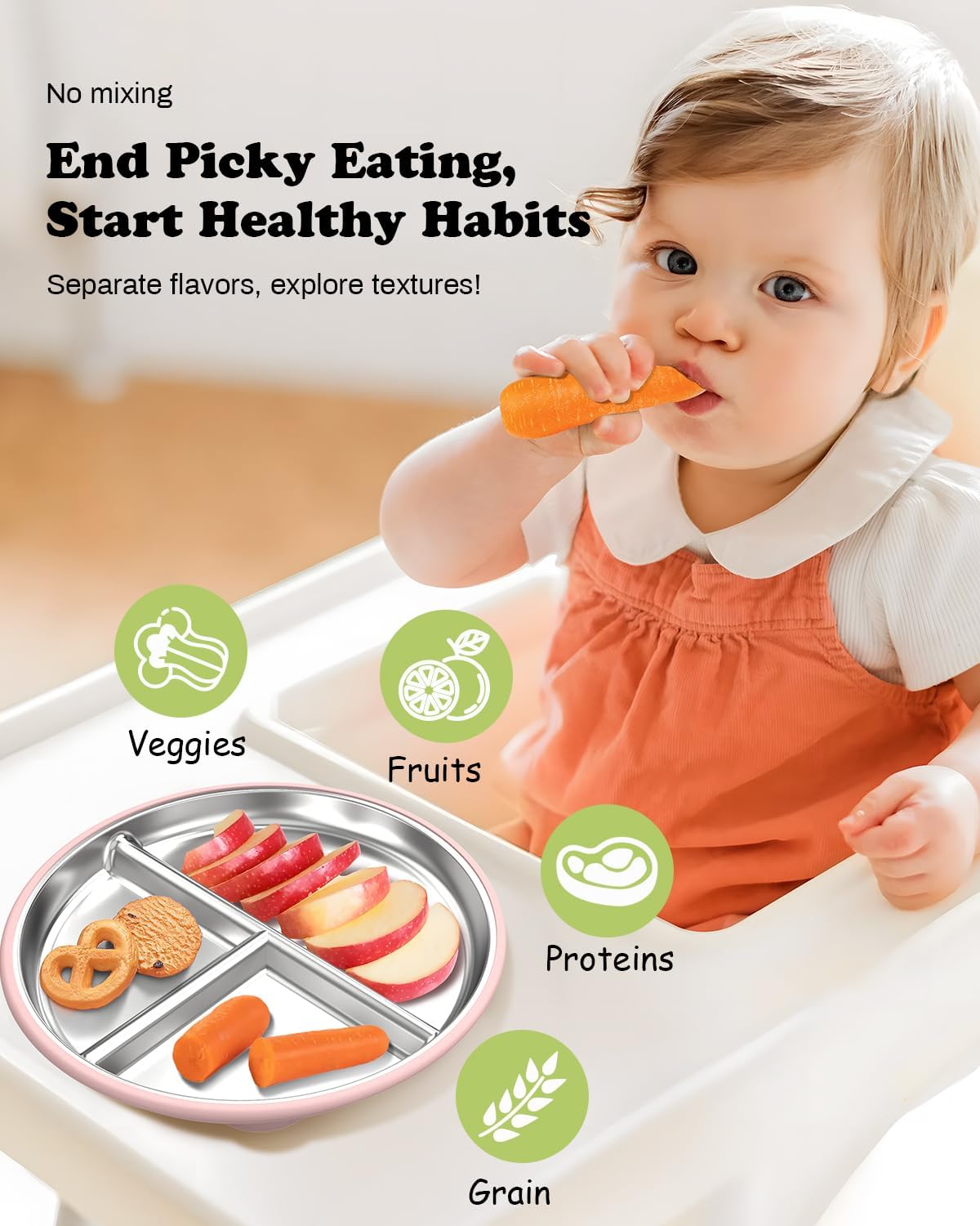 Stainless Steel Baby Plate with Suction, 8” Divided Toddler Plates with Removable Silicone Sleeves for Kids, Non-Toxic Non-Slip Unbreakable Dishwasher Safe Dinnerware Set of 2, Pink & Lilac