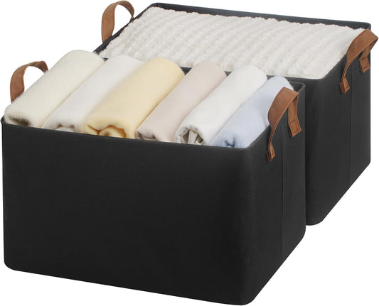 StorageWorks Storage Bins, Fabric Storage Bins for Shelves, Large Storage Baskets with Metal Frame, Closet Baskets and Bins with Handles, Black, 2-Pack